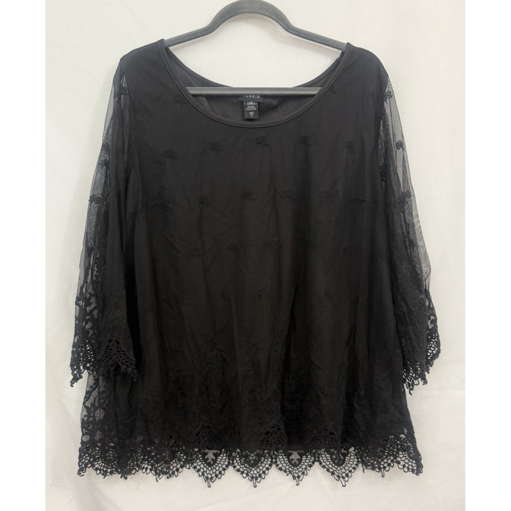 Torrid Chiffon Black Sheer Overlay Embroidered 3/4 Sleeve Top Lined Size 1X
